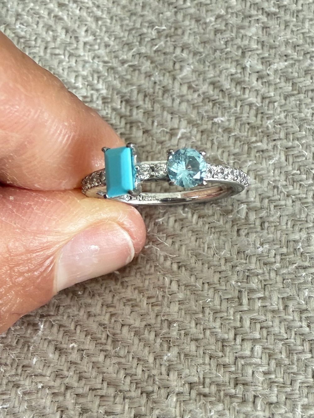 NADRI Sterling Silver Two-Stone Aquamarine & Turquoise Ring with Crystal Band